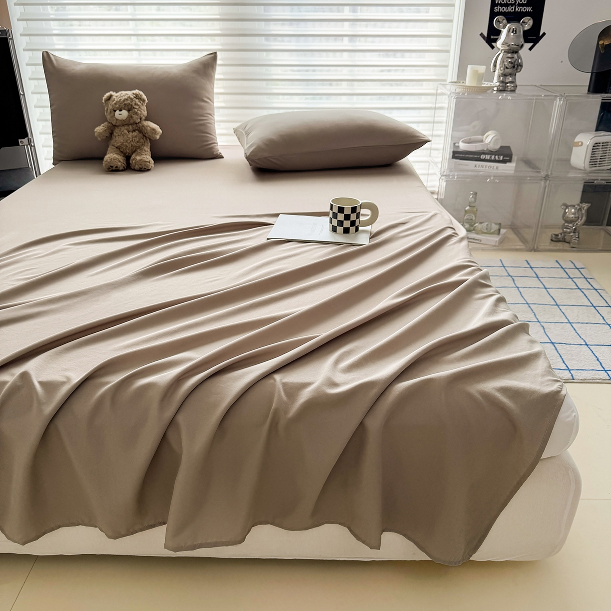 91家纺网 家纺一手货源 找家纺 十一家居 2025年新款ins风A类母婴级亲肤云朵水洗棉单床单 茶咖