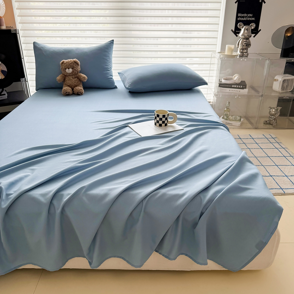 91家纺网 家纺一手货源 找家纺 十一家居 2025年新款ins风A类母婴级亲肤云朵水洗棉单床单 浅蓝