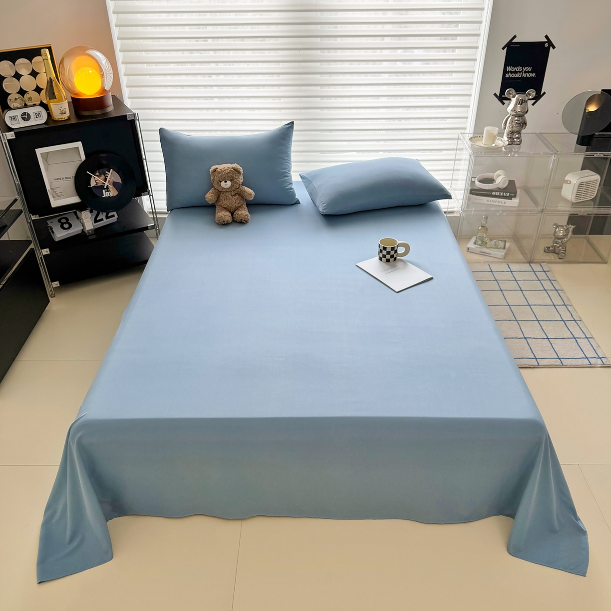 91家纺网 家纺一手货源 找家纺 十一家居 2025年新款ins风A类母婴级亲肤云朵水洗棉单床单 浅蓝