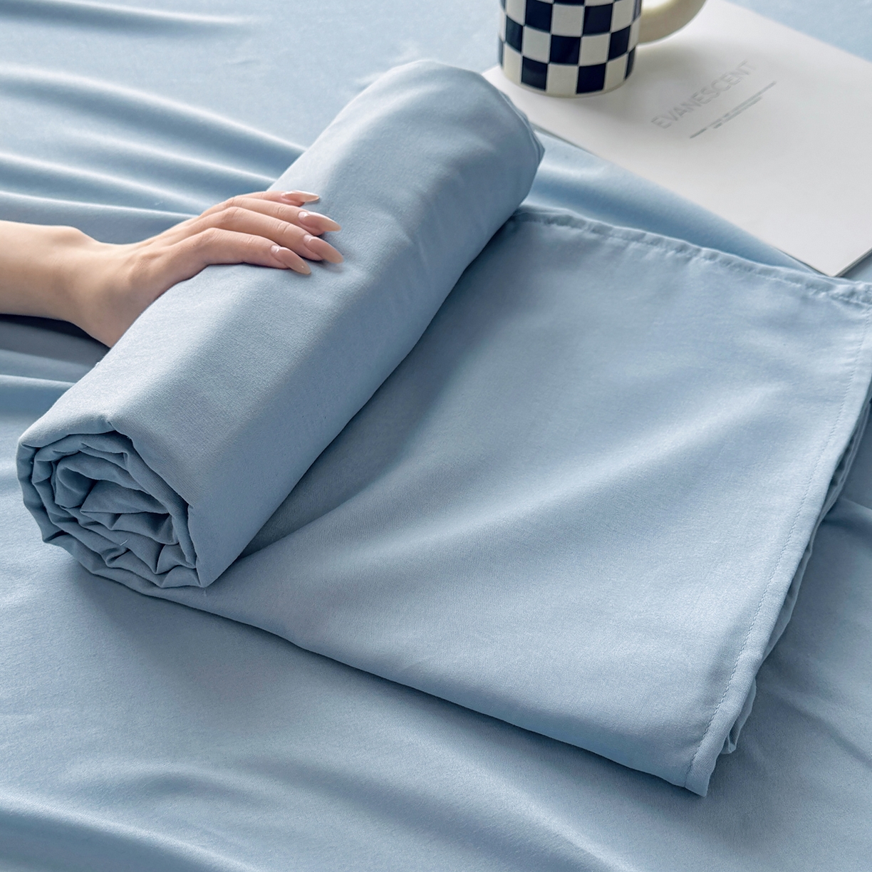 91家纺网 家纺一手货源 找家纺 十一家居 2025年新款ins风A类母婴级亲肤云朵水洗棉单床单 浅蓝