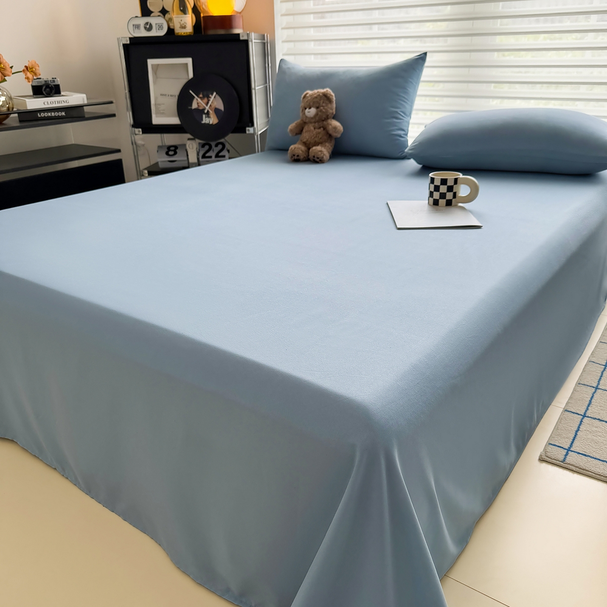 91家纺网 家纺一手货源 找家纺 十一家居 2025年新款ins风A类母婴级亲肤云朵水洗棉单床单 浅蓝