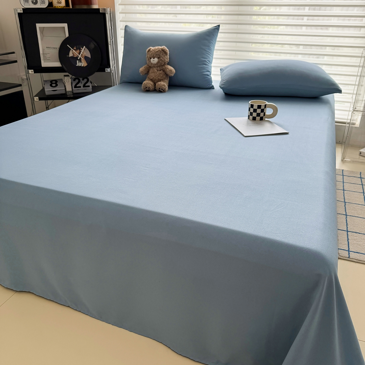 91家纺网 家纺一手货源 找家纺 十一家居 2025年新款ins风A类母婴级亲肤云朵水洗棉单床单 浅蓝