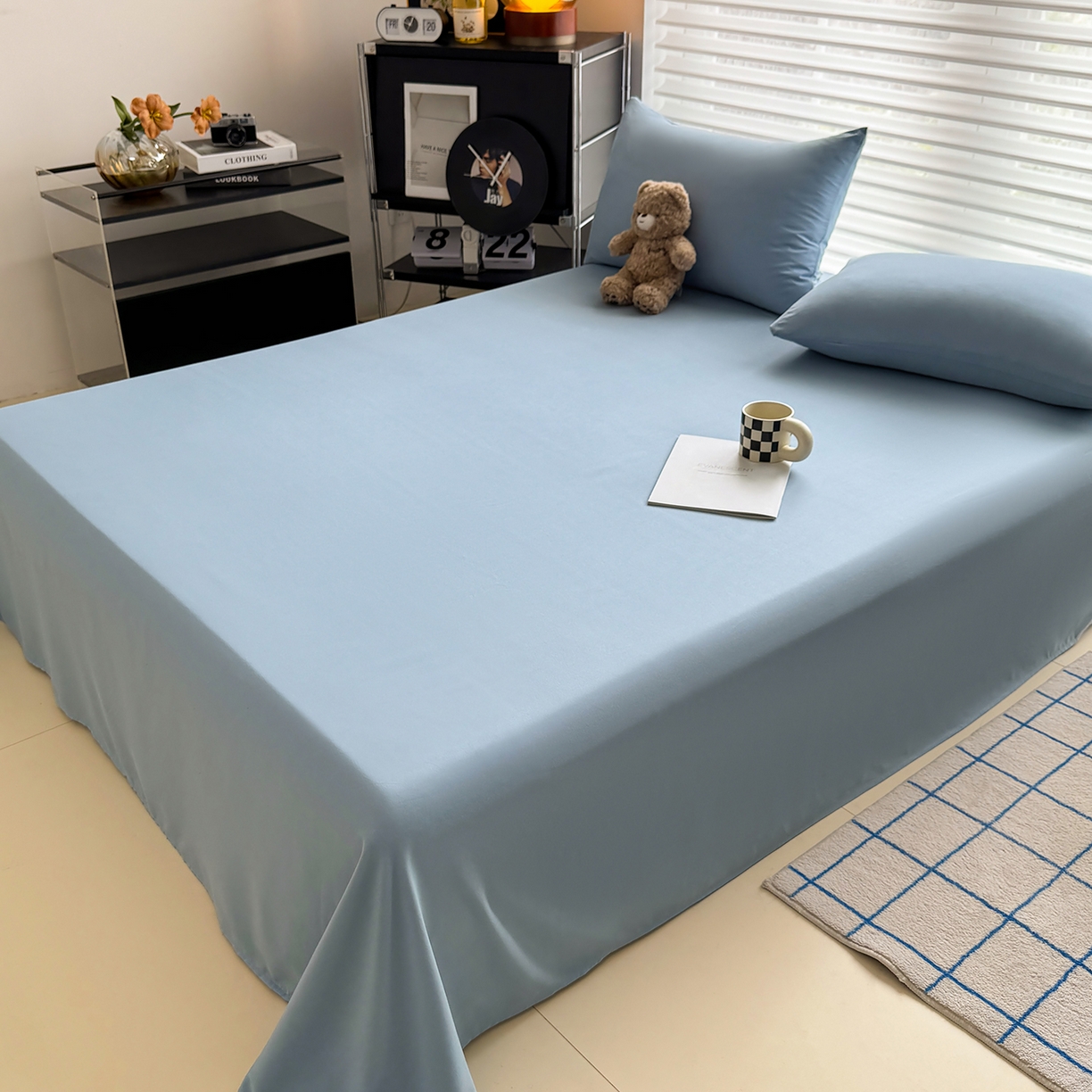 91家纺网 家纺一手货源 找家纺 十一家居 2025年新款ins风A类母婴级亲肤云朵水洗棉单床单 浅蓝