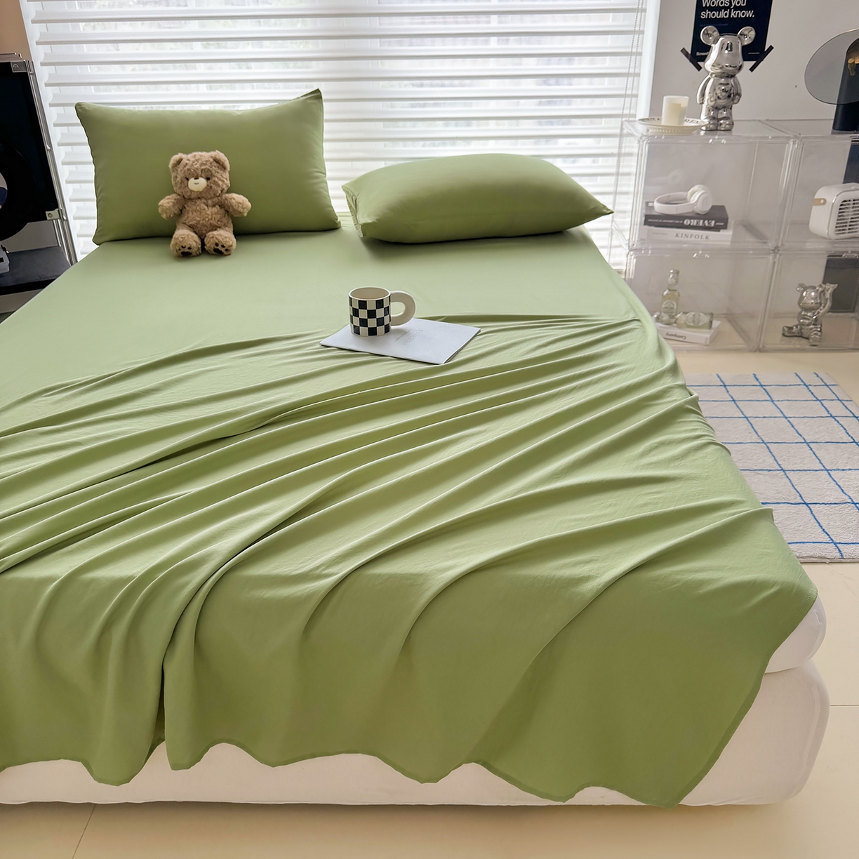 91家纺网 家纺一手货源 找家纺 十一家居 2025年新款ins风A类母婴级亲肤云朵水洗棉单床单 松绿