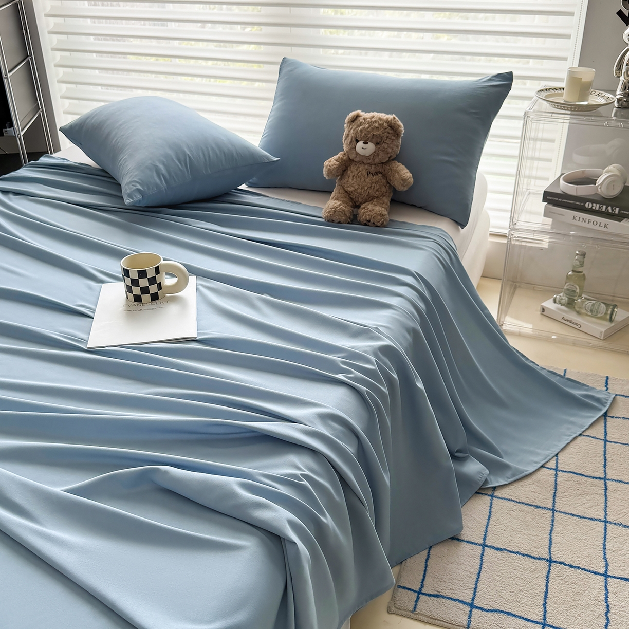 91家纺网 家纺一手货源 找家纺 十一家居 2025年新款ins风A类母婴级亲肤云朵水洗棉单床单 浅蓝