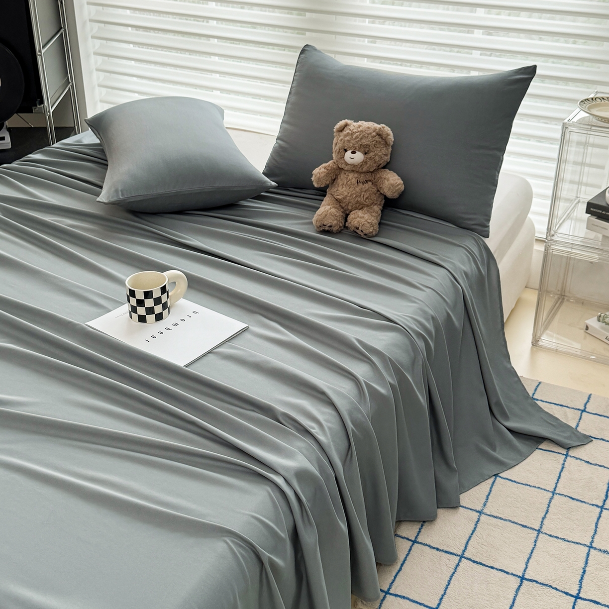 91家纺网 家纺一手货源 找家纺 十一家居 2025年新款ins风A类母婴级亲肤云朵水洗棉单床单 暖灰