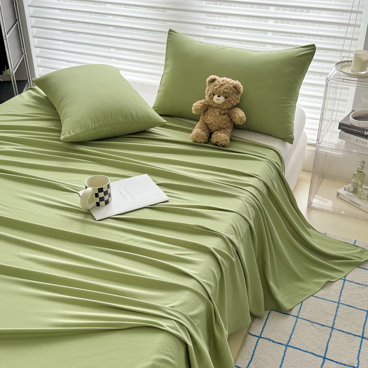 91家纺网 家纺一手货源 找家纺 十一家居 2025年新款ins风A类母婴级亲肤云朵水洗棉单床单 松绿