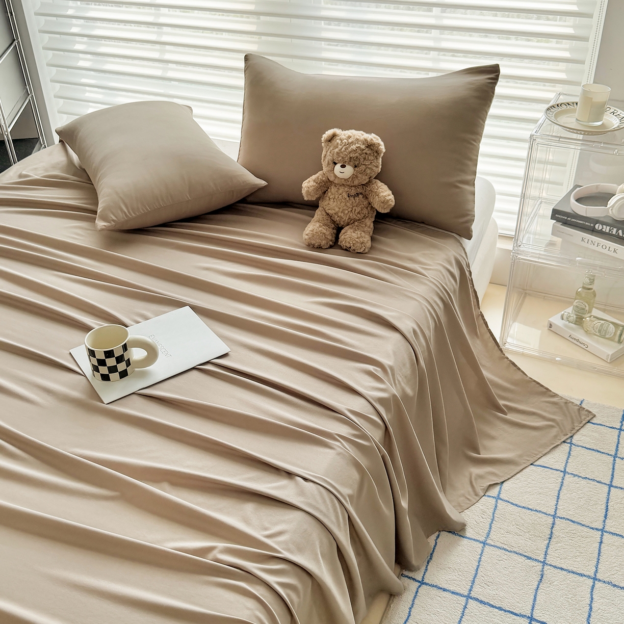 91家纺网 家纺一手货源 找家纺 十一家居 2025年新款ins风A类母婴级亲肤云朵水洗棉单床单 茶咖