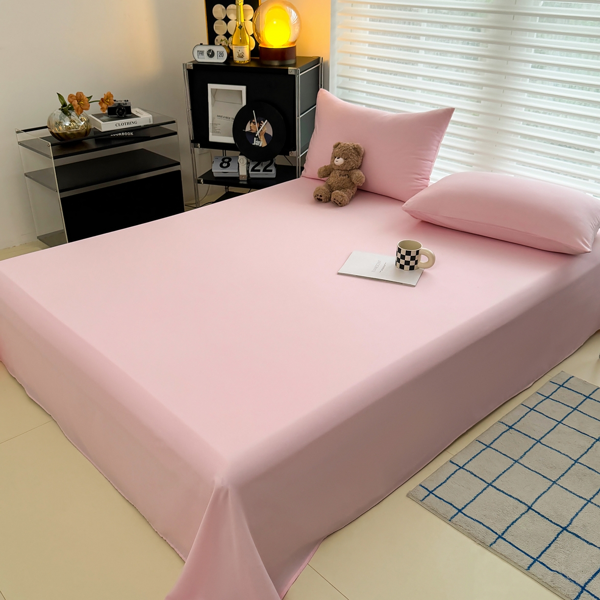 91家纺网 家纺一手货源 找家纺 十一家居 2025年新款ins风A类母婴级亲肤云朵水洗棉单床单 杏粉