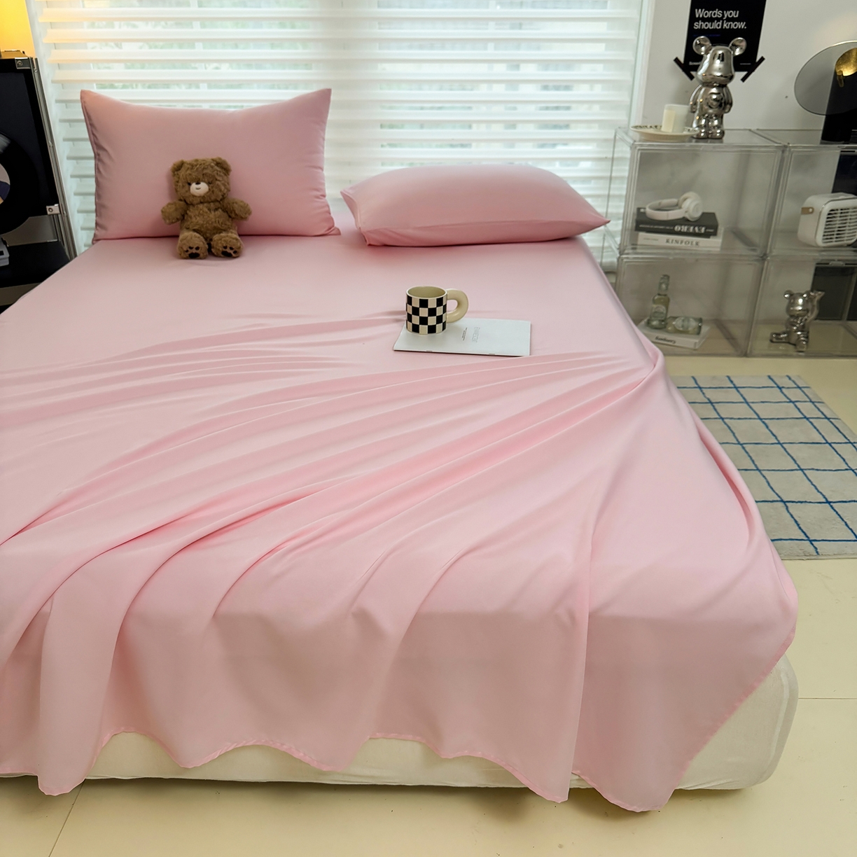 91家纺网 家纺一手货源 找家纺 十一家居 2025年新款ins风A类母婴级亲肤云朵水洗棉单床单 杏粉