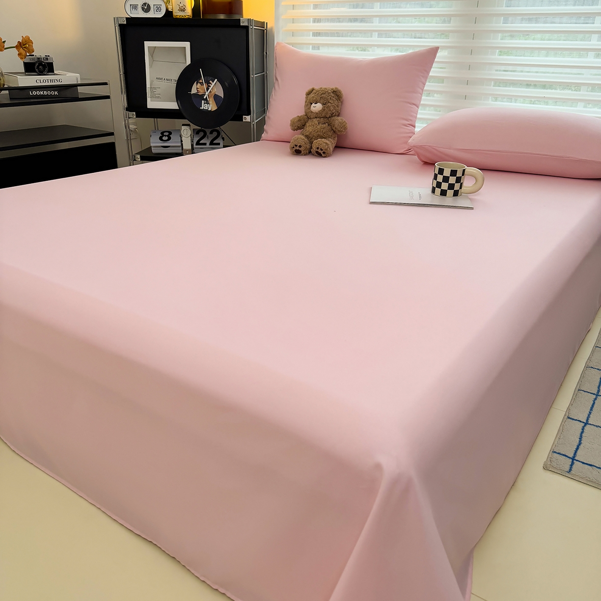 91家纺网 家纺一手货源 找家纺 十一家居 2025年新款ins风A类母婴级亲肤云朵水洗棉单床单 杏粉