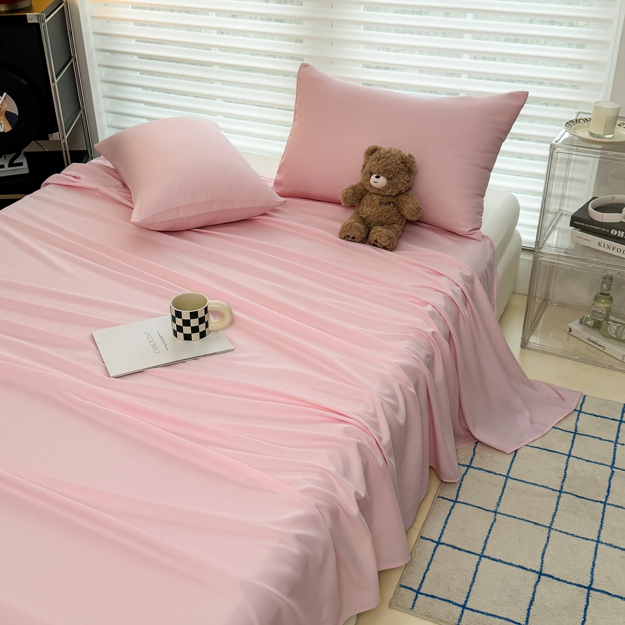 91家纺网 家纺一手货源 找家纺 十一家居 2025年新款ins风A类母婴级亲肤云朵水洗棉单床单 杏粉