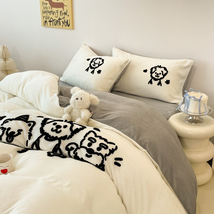 启发 2025新款牛奶绒毛巾绣四件套场景一 治愈狗狗