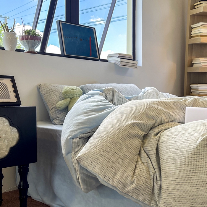 91家纺网 家纺一手货源 找家纺 捌月 2025冬季新款软绵绵华夫格棉加绒系列四件套 华夫格-海盐蓝