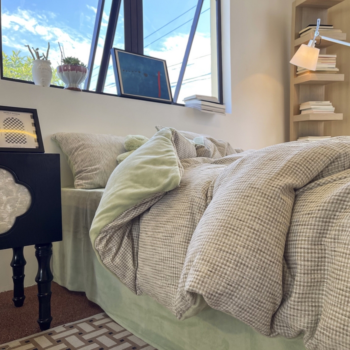 91家纺网 家纺一手货源 找家纺 捌月 2025冬季新款软绵绵华夫格棉加绒系列四件套 华夫格-天青绿