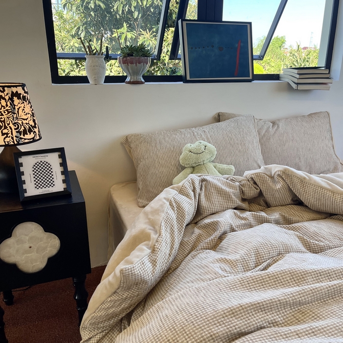 91家纺网 家纺一手货源 找家纺 捌月 2025冬季新款软绵绵华夫格棉加绒系列四件套 华夫格-浅卡其