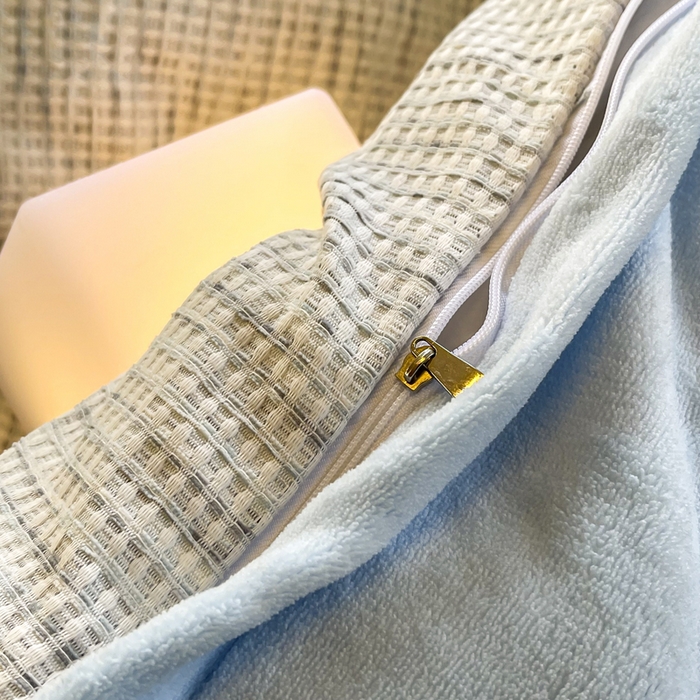 91家纺网 家纺一手货源 找家纺 捌月 2025冬季新款软绵绵华夫格棉加绒系列四件套 华夫格-海盐蓝