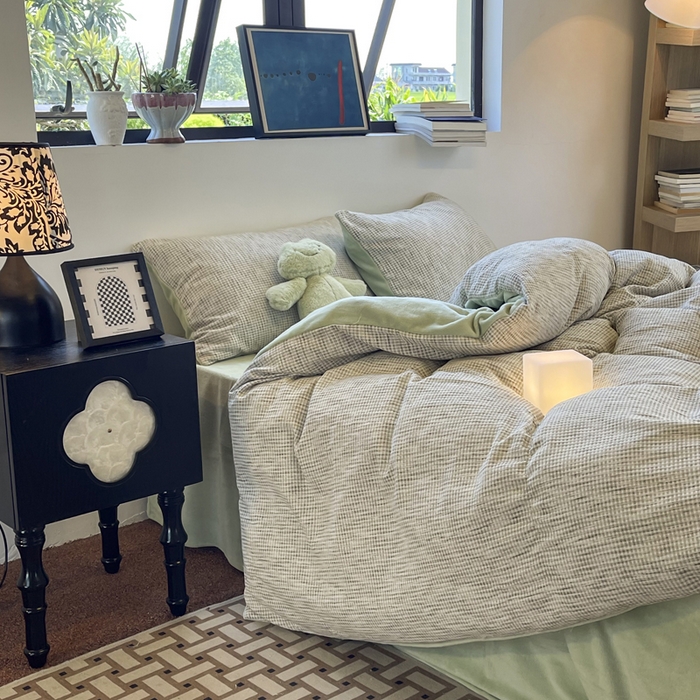 91家纺网 家纺一手货源 找家纺 捌月 2025冬季新款软绵绵华夫格棉加绒系列四件套 华夫格-天青绿