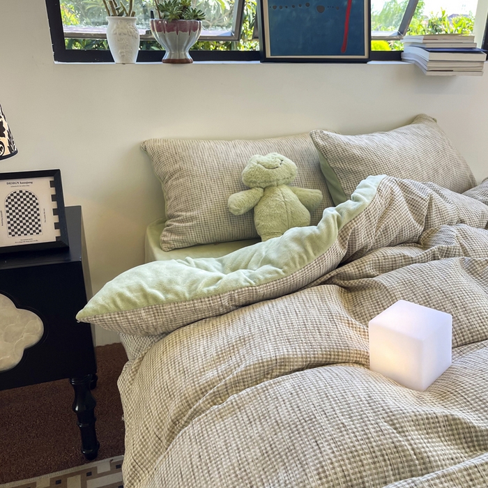 91家纺网 家纺一手货源 找家纺 捌月 2025冬季新款软绵绵华夫格棉加绒系列四件套 华夫格-天青绿