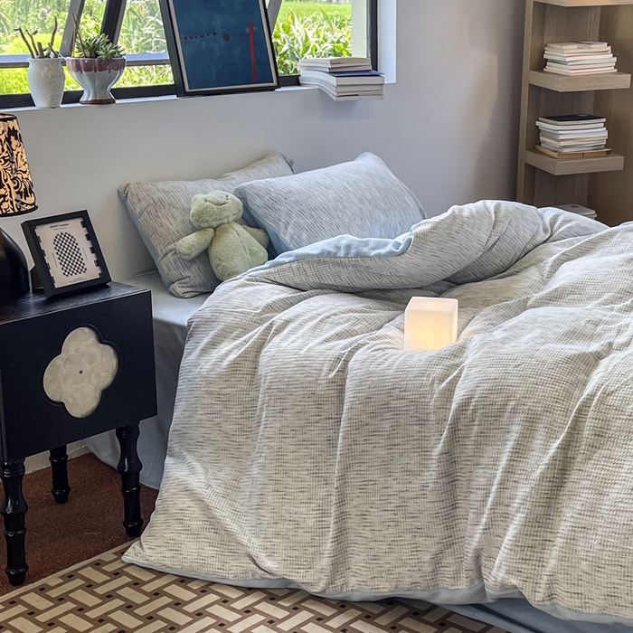 91家纺网 家纺一手货源 找家纺 捌月 2025冬季新款软绵绵华夫格棉加绒系列四件套 华夫格-海盐蓝