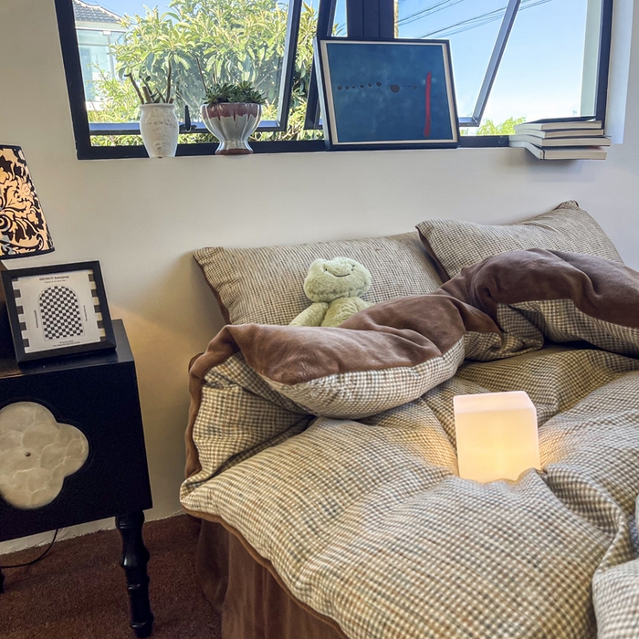 91家纺网 家纺一手货源 找家纺 捌月 2025冬季新款软绵绵华夫格棉加绒系列四件套 华夫格-朱古力