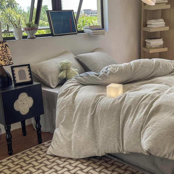 91家纺网 家纺一手货源 找家纺 捌月 2025冬季新款软绵绵华夫格棉加绒系列四件套 华夫格-静谧灰