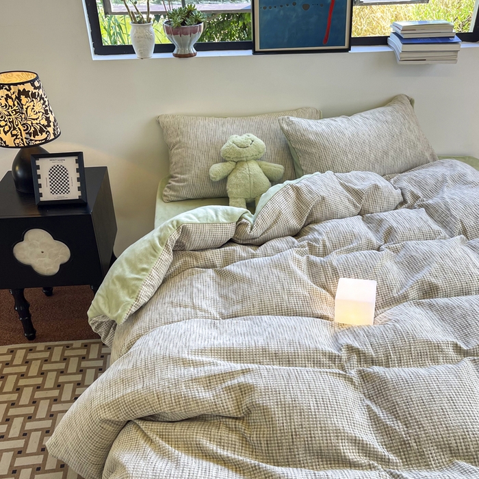 91家纺网 家纺一手货源 找家纺 捌月 2025冬季新款软绵绵华夫格棉加绒系列四件套 华夫格-天青绿