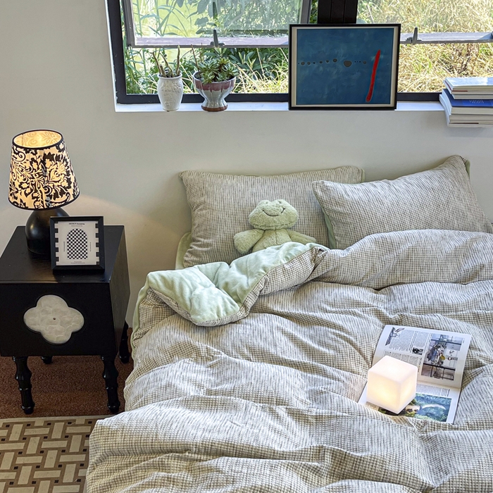 91家纺网 家纺一手货源 找家纺 捌月 2025冬季新款软绵绵华夫格棉加绒系列四件套 华夫格-天青绿