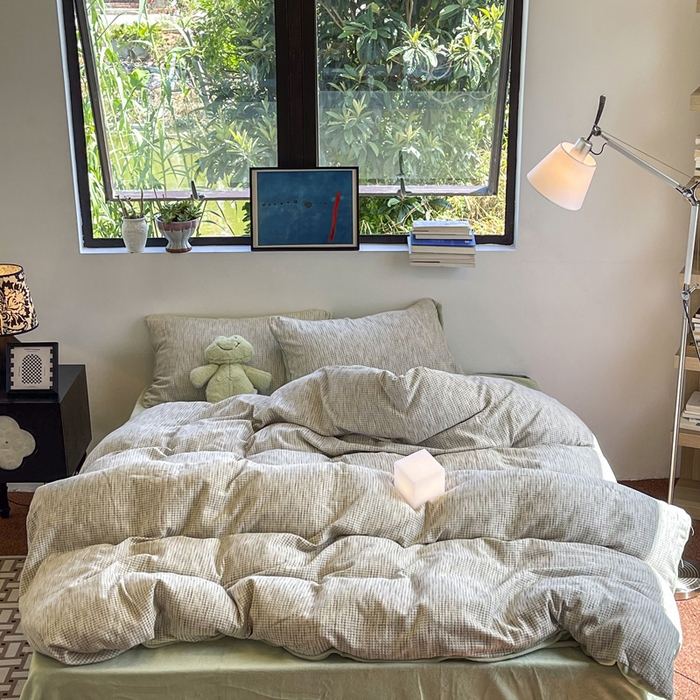 捌月 2025冬季新款软绵绵华夫格棉加绒系列四件套 华夫格-天青绿