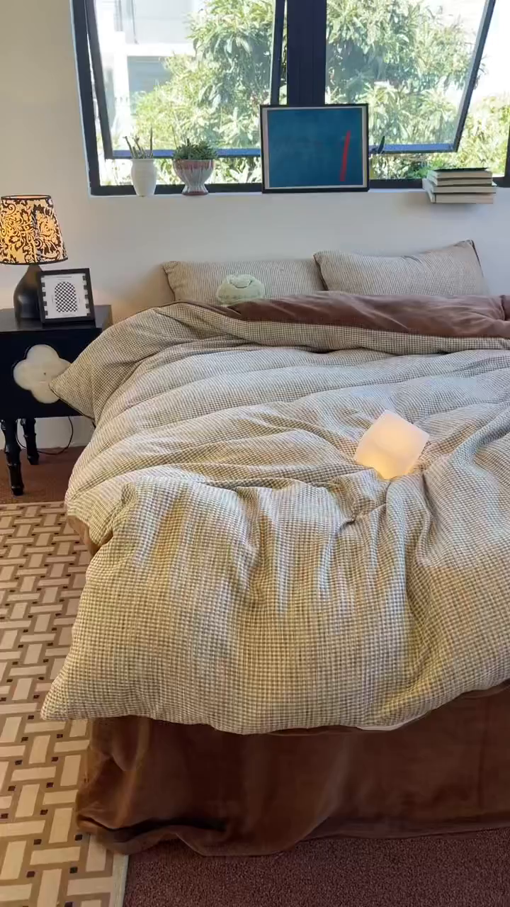 91家纺网 家纺一手货源 找家纺 捌月 2025冬季新款软绵绵华夫格棉加绒系列四件套 华夫格-朱古力