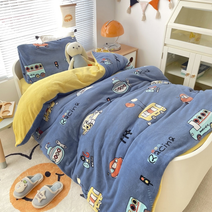 91家纺网 家纺一手货源 找家纺 嗨生活 2025新款加厚230克牛奶绒儿童三件套幼儿园三件套 总动员