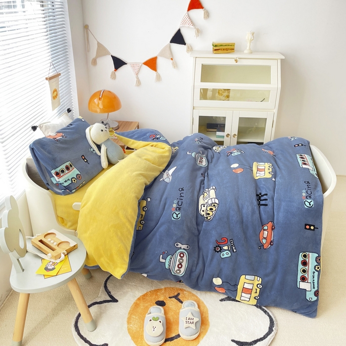 91家纺网 家纺一手货源 找家纺 嗨生活 2025新款加厚230克牛奶绒儿童三件套幼儿园三件套 总动员