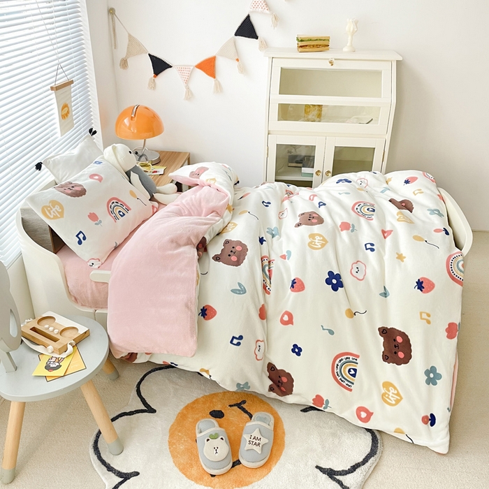 91家纺网 家纺一手货源 找家纺 嗨生活 2025新款加厚230克牛奶绒儿童三件套幼儿园三件套 嘟嘟熊