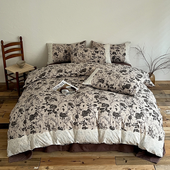 91家纺网 家纺一手货源 找家纺 （总）仟网汇 2025新款亚麻复古花边系列四件套