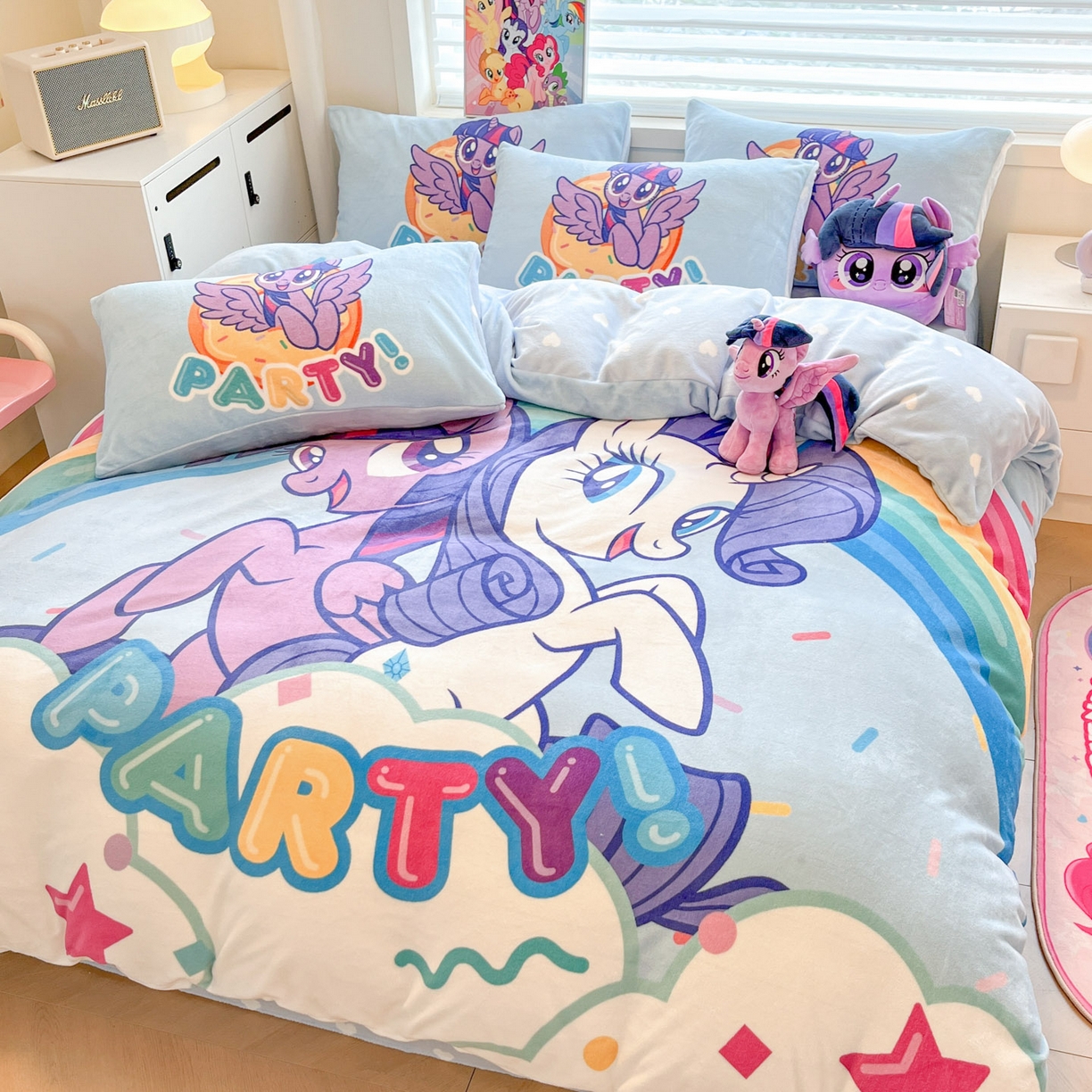 91家纺网 家纺一手货源 找家纺 暮思家居 2025新款正版授权小马宝莉大阪数码印花高克重加厚保暖牛奶绒四件套 绒大版-彩虹宝莉