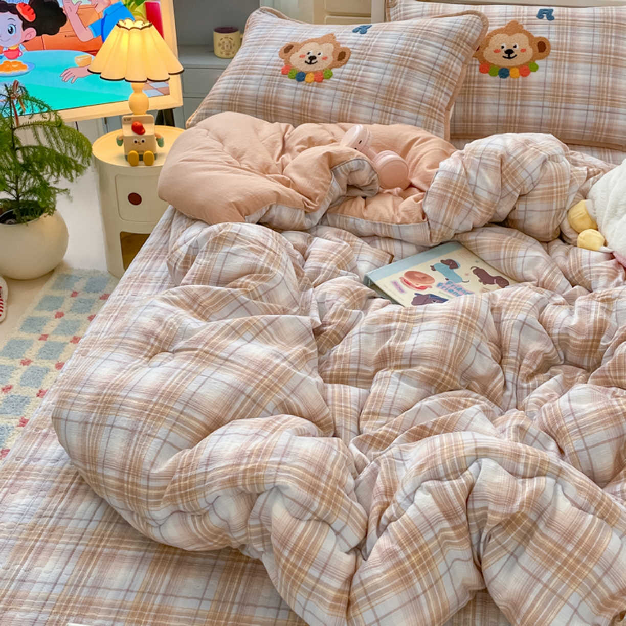 91家纺网 家纺一手货源 找家纺 老帅的工厂店 2025新款A类云感懒人冬季一体被床盖四件套 生日小猴