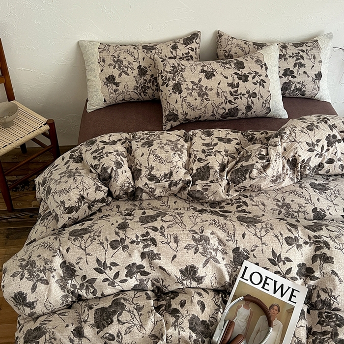 91家纺网 家纺一手货源 找家纺 仟网汇 2025新款亚麻复古花边系列四件套茶野