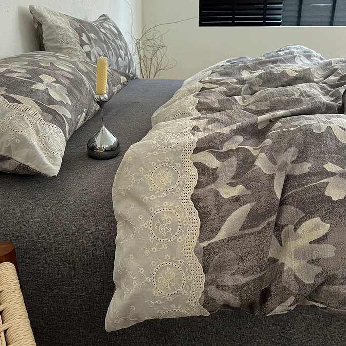 91家纺网 家纺一手货源 找家纺 仟网汇 2025新款亚麻复古花边系列四件套花影灰