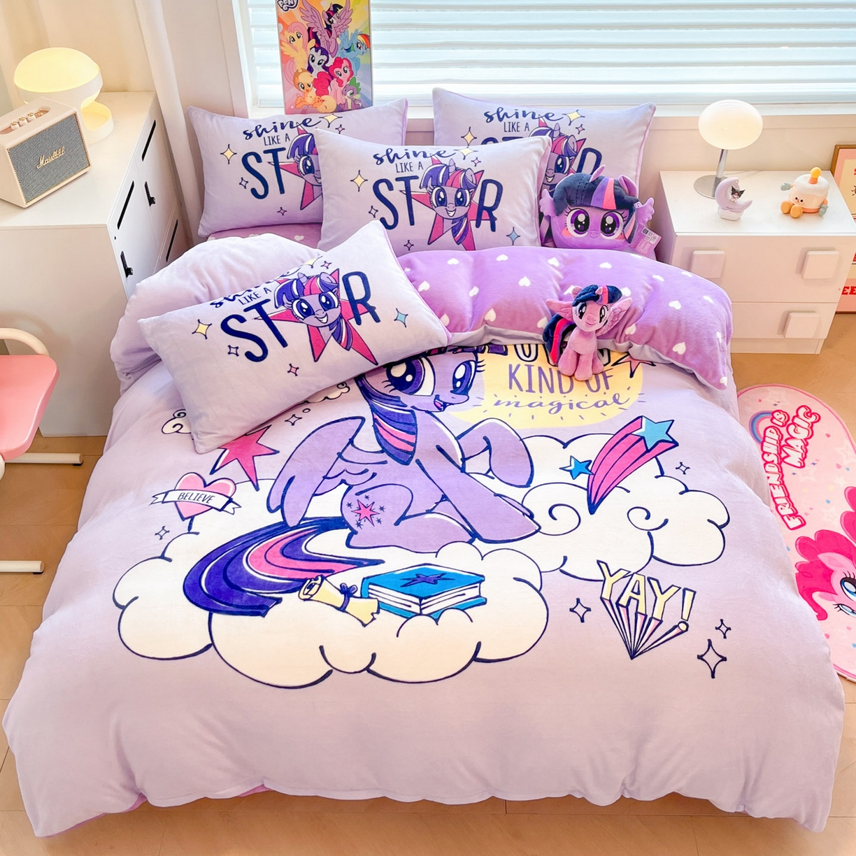 暮思家居 2025新款正版授权小马宝莉大阪数码印花高克重加厚保暖牛奶绒四件套 绒大版-梦幻紫悦