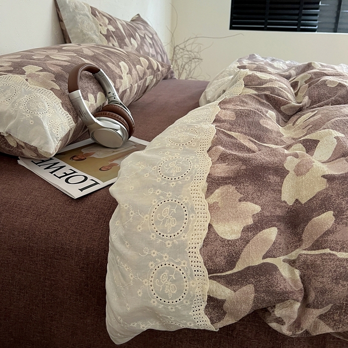 91家纺网 家纺一手货源 找家纺 仟网汇 2025新款亚麻复古花边系列四件套花影棕