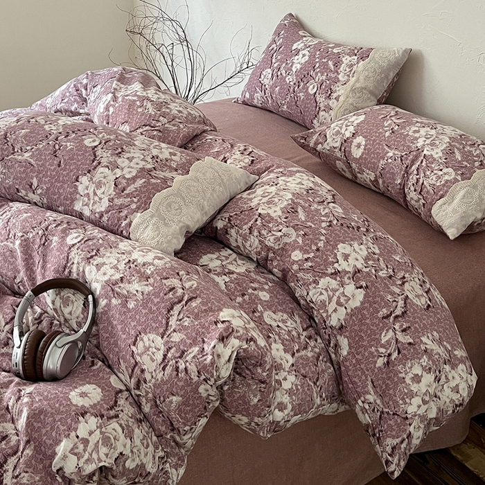 91家纺网 家纺一手货源 找家纺 仟网汇 2025新款亚麻复古花边系列四件套铃兰