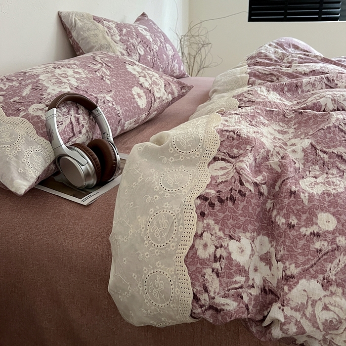 91家纺网 家纺一手货源 找家纺 仟网汇 2025新款亚麻复古花边系列四件套铃兰