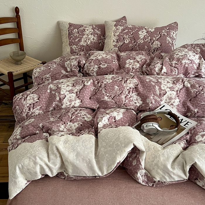 91家纺网 家纺一手货源 找家纺 仟网汇 2025新款亚麻复古花边系列四件套铃兰