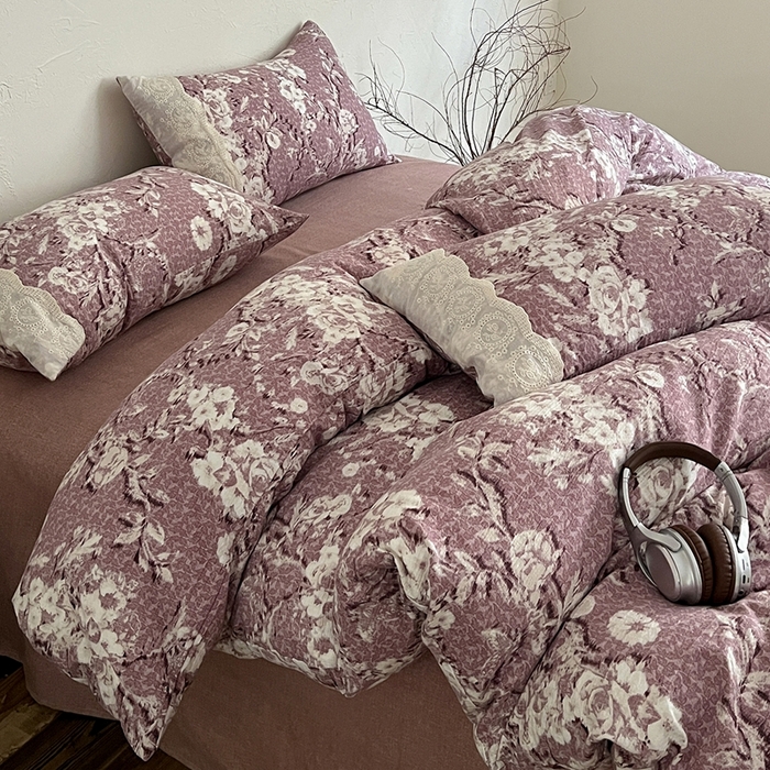 91家纺网 家纺一手货源 找家纺 仟网汇 2025新款亚麻复古花边系列四件套铃兰