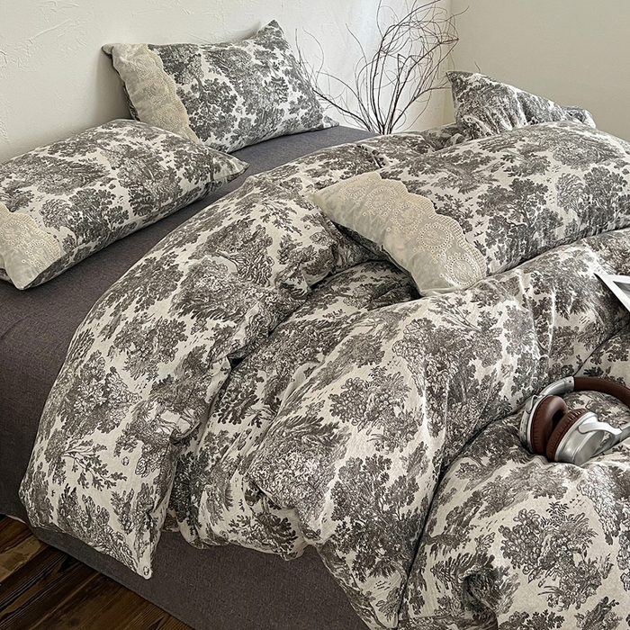 91家纺网 家纺一手货源 找家纺 仟网汇 2025新款亚麻复古花边系列四件套墨染江南