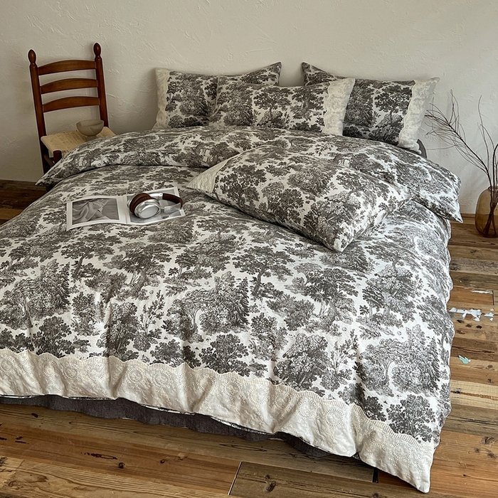 91家纺网 家纺一手货源 找家纺 仟网汇 2025新款亚麻复古花边系列四件套墨染江南