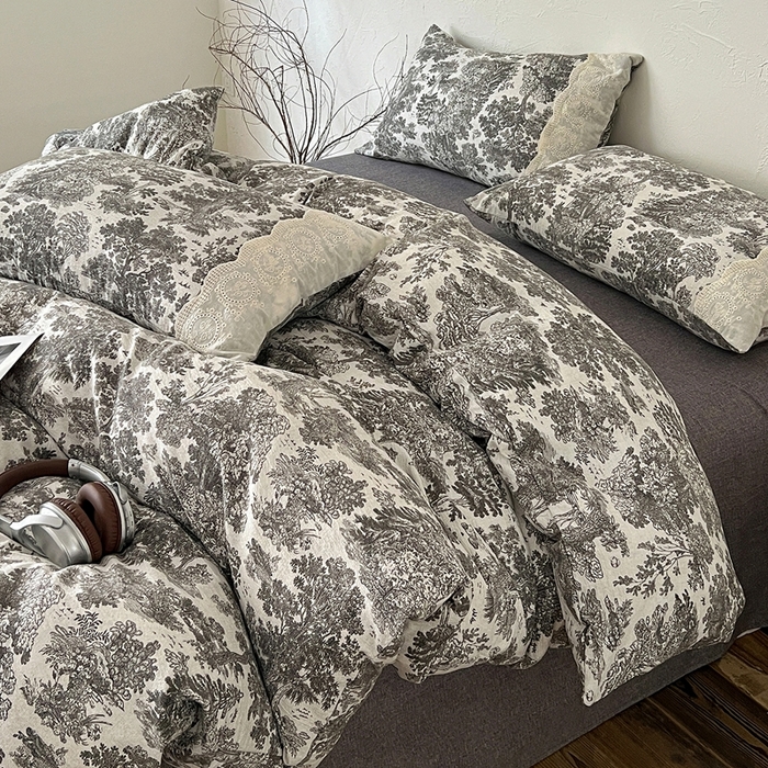 91家纺网 家纺一手货源 找家纺 仟网汇 2025新款亚麻复古花边系列四件套墨染江南