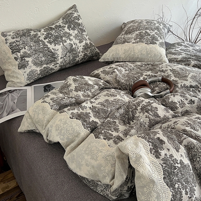 91家纺网 家纺一手货源 找家纺 仟网汇 2025新款亚麻复古花边系列四件套墨染江南