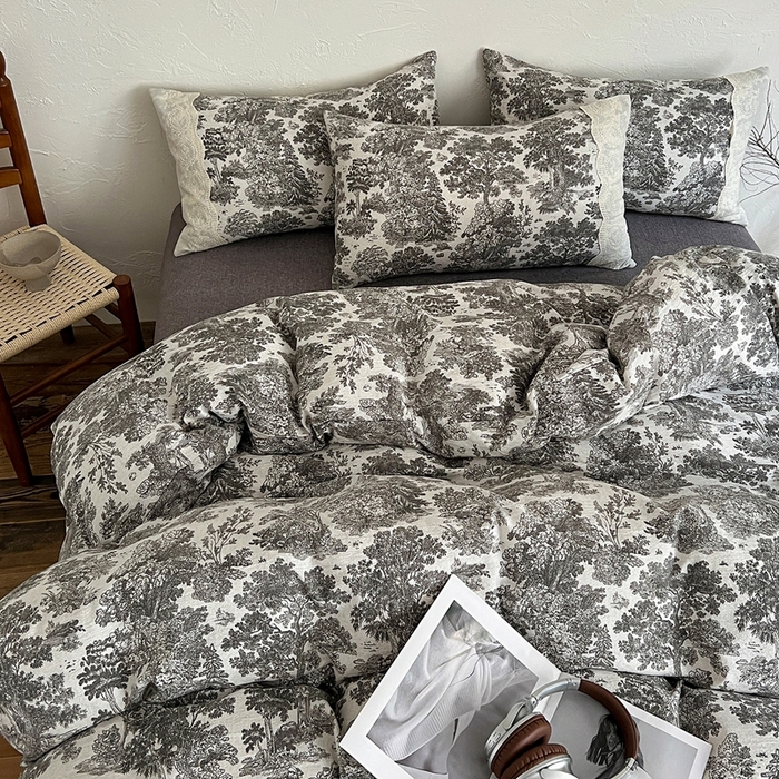 91家纺网 家纺一手货源 找家纺 仟网汇 2025新款亚麻复古花边系列四件套墨染江南