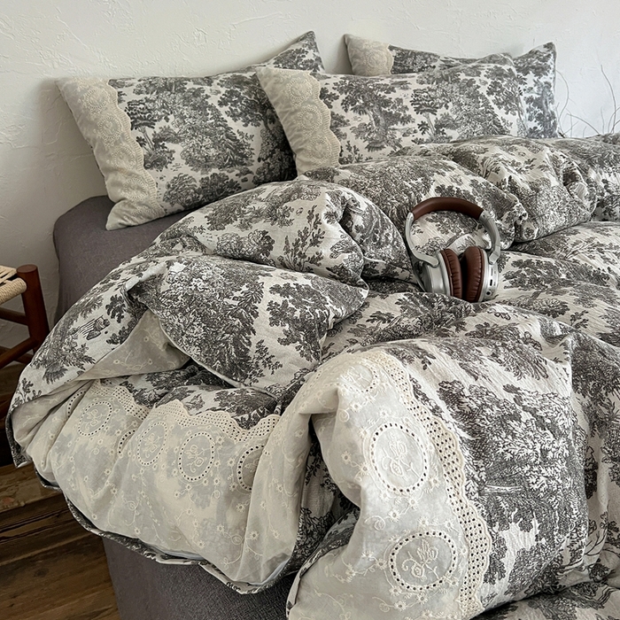 91家纺网 家纺一手货源 找家纺 仟网汇 2025新款亚麻复古花边系列四件套墨染江南